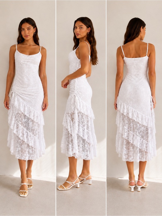 Steve Madden Dresses & Skirts - Steve Madden White Lace Tiered Midi Dress with Spaghetti Straps